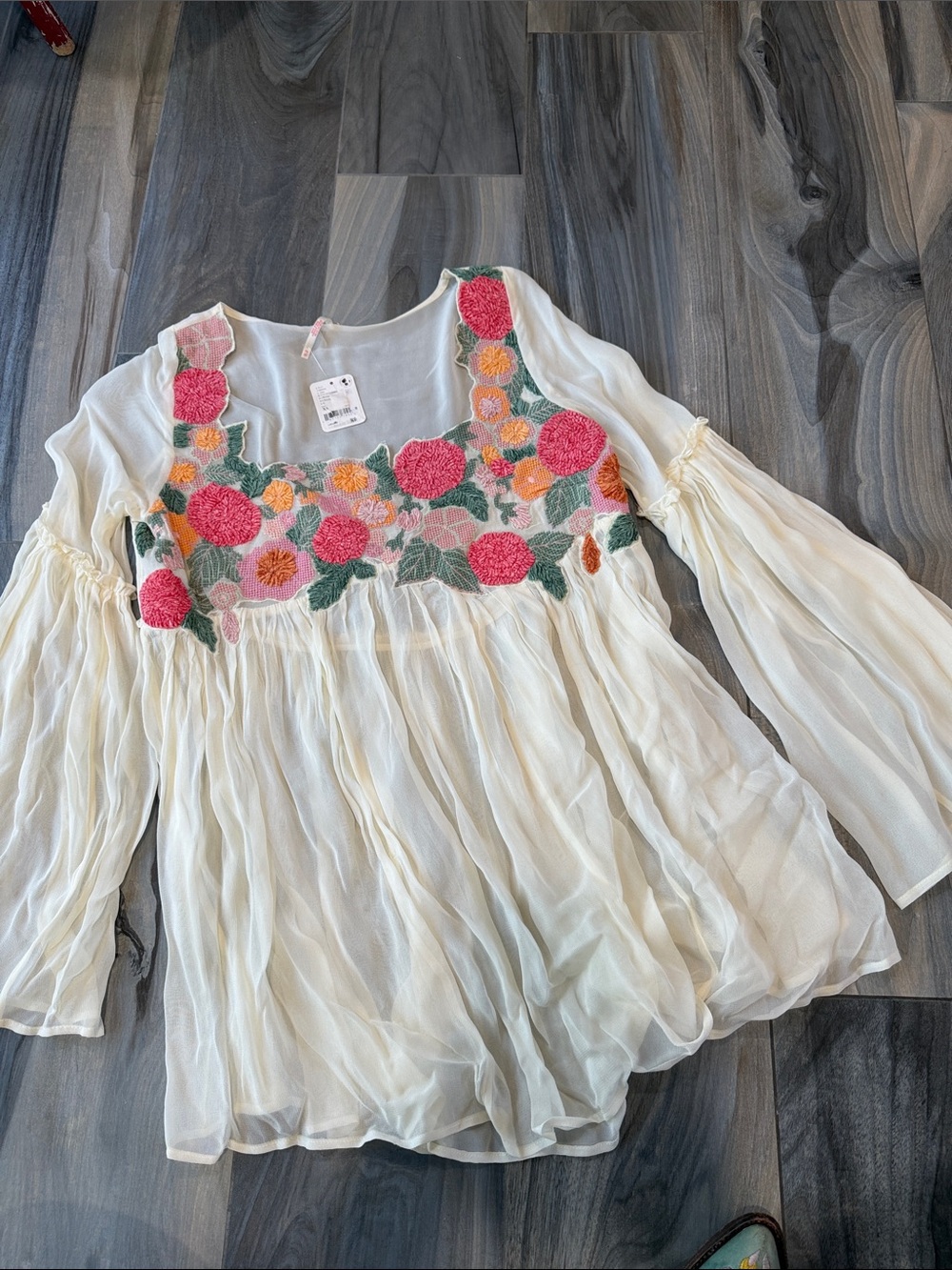 Free people sheer ivory  Floral Embroidered Peasant Blouse